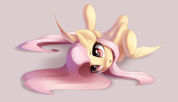 Size: 3300x1900 | Tagged: safe, artist:ifmsoul, fluttershy, bat pony, pony, g4, adorasexy, bat ponified, chest fluff, cute, ear fluff, fangs, female, flutterbat, high res, looking at you, lying down, mare, on back, open mouth, race swap, sexy, shyabates, shyabetes, simple background, solo, spread wings, wings