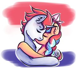 Size: 2796x2475 | Tagged: safe, artist:coco-drillo, oc, oc:ember, oc:ember (hwcon), oc:stroopwafeltje, earth pony, pony, unicorn, hearth's warming con, braid, chest fluff, ear fluff, embrace, hat, high res, holland, hug, kissing, making out, netherlands, oc x oc, ponycon holland, shipping