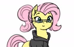 Size: 2000x1275 | Tagged: safe, artist:vanillaghosties, fluttershy, pony, g4, adorkable, alternate hairstyle, clothes, cute, dork, female, glasses, hoodie, mare, meganekko, ponytail, shyabetes, simple background, solo, white background