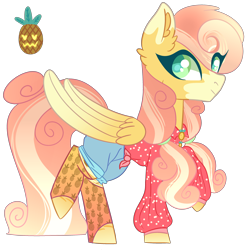 Size: 3200x3200 | Tagged: safe, alternate version, artist:bublebee123, oc, oc only, oc:pina colada (ice1517), pegasus, pony, icey-verse, blouse, clothes, female, food, high res, magical lesbian spawn, mare, markings, offspring, parent:applejack, parent:strawberry sunrise, parents:applerise, pineapple, raised hoof, raised leg, shirt, shorts, simple background, socks, solo, transparent background