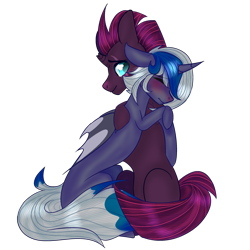 Size: 2500x2500 | Tagged: safe, artist:bublebee123, tempest shadow, oc, oc:elizabat stormfeather, alicorn, bat pony, bat pony alicorn, pony, unicorn, g4, alicorn oc, bat pony oc, bat wings, blank flank, blushing, broken horn, canon x oc, comforting, cute, eye scar, eyes closed, female, high res, horn, hug, lesbian, mare, missing cutie mark, sad, scar, shipping, simple background, sitting, stormshadow, tempestbetes, transparent background, wings