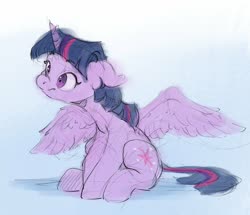 Size: 1527x1311 | Tagged: safe, artist:vanillaghosties, twilight sparkle, alicorn, pony, g4, colored sketch, cute, female, floppy ears, mare, sitting, solo, spread wings, twiabetes, twilight sparkle (alicorn), wings
