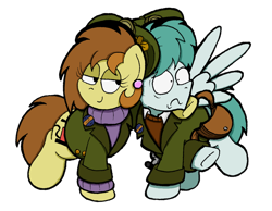 Size: 1024x793 | Tagged: safe, artist:bobthedalek, oc, oc only, oc:bubble pump, oc:clippy ticket, earth pony, pegasus, pony, clothes, ear piercing, earring, female, hat, hug, jacket, jewelry, piercing, pulling, simple background, smug, sweater, transparent background, unbalanced