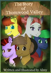 Size: 848x1199 | Tagged: safe, artist:suchalmy, oc, oc:almond evergrow, oc:fruit cup, oc:sienna, fanfic:the story of thornwood valley, beanie, book, book cover, characters, clothes, cover, fan made, fanfic, grass, hat, hoodie, illustrated, illustration, leaves, sign, smiling, story