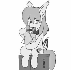 Size: 1024x1012 | Tagged: safe, alternate version, artist:omegapony16, oc, oc only, oc:oriponi, bat pony, pony, bat pony oc, bat wings, box, chopsticks, clothes, crate, ear piercing, earring, eating, female, grayscale, hoof hold, japanese, jewelry, mare, monochrome, piercing, scarf, simple background, sitting, solo, text, white background, wings