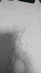 Size: 1152x2048 | Tagged: safe, artist:omegapony16, pinkie pie, earth pony, pony, g4, bipedal, clothes, costume, crossover, female, gun, hoof hold, lineart, lined paper, mare, metal gear, solo, traditional art, weapon