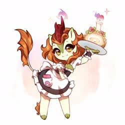 Size: 1890x1890 | Tagged: safe, artist:smthngjay, autumn blaze, kirin, anthro, unguligrade anthro, abstract background, awwtumn blaze, cake, clothes, cute, female, fire, food, looking at you, magic, maid, no nose, solo, style emulation
