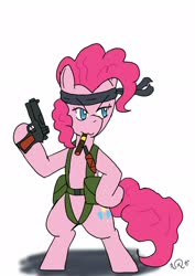 Size: 1451x2048 | Tagged: safe, artist:omegapony16, pinkie pie, earth pony, pony, g4, bipedal, cigar, clothes, costume, crossover, female, gun, hoof hold, japanese, mare, metal gear, mouth hold, signature, simple background, solo, weapon, white background