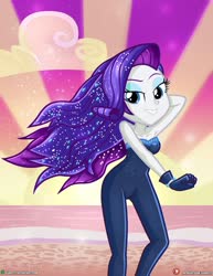 Size: 1500x1942 | Tagged: safe, artist:dieart77, rarity, equestria girls, g4, my little pony equestria girls: better together, the other side, arm behind head, armpits, bare shoulders, beautiful, bedroom eyes, bodysuit, breasts, cleavage, clothes, cute, female, gloves, looking at you, raribetes, sleeveless, smiling, solo, strapless, unitard