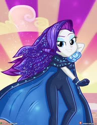 Size: 1500x1942 | Tagged: safe, alternate version, artist:dieart77, rarity, equestria girls, g4, my little pony equestria girls: better together, the other side, arm behind head, bedroom eyes, cape, clothes, female, looking at you, solo, unitard