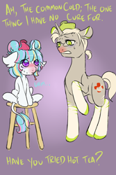 Size: 1000x1500 | Tagged: safe, artist:lavvythejackalope, oc, oc only, oc:dr. malady, oc:lore, pony, unicorn, backwards thermometer, duo, female, filly, glasses, horn, leonine tail, male, mouth hold, red nosed, sick, sitting, speech, stallion, stool, sweat, thermometer, unicorn oc