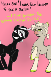Size: 1000x1500 | Tagged: safe, artist:lavvythejackalope, oc, oc only, oc:dr. malady, oc:noir moonstep, dialogue, duo, glasses, grin, male, nervous, raised hoof, red nosed, sick, simple background, smiling, stallion, sweat