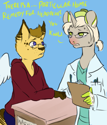 Size: 1200x1400 | Tagged: safe, artist:lavvythejackalope, oc, oc only, oc:dr. malady, oc:kitty, cat, unicorn, anthro, clipboard, clothes, doctor, duo, furry, glasses, horn, lab coat, pen, red nosed, speech, unicorn oc
