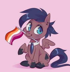 Size: 3748x3862 | Tagged: safe, artist:corelle-vairel, part of a set, oc, oc only, pegasus, pony, chibi, commission, female, high res, lesbian pride flag, mare, mouth hold, necktie, pride, pride flag, solo, ych result