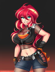 Size: 1145x1500 | Tagged: safe, artist:ciderpunk, sunset shimmer, human, equestria girls, belly button, belt, big breasts, breasts, busty sunset shimmer, clothes, cyberpunk, female, fishnet clothing, fishnets, gloves, hand on hip, human coloration, humanized, jacket, looking at you, midriff, sexy, shorts, smiling, solo, sultry pose, teenager