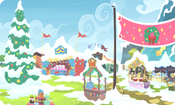 Size: 954x572 | Tagged: safe, gameloft, g4, my little pony best gift ever, my little pony: magic princess, background, banner, building, christmas, christmas tree, christmas wreath, holiday, market, no pony, present, snow, tent, tree, wreath