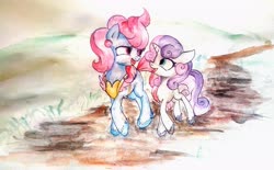 Size: 3712x2304 | Tagged: safe, artist:mysteriousshine, cup cake, sweetie belle, earth pony, pony, unicorn, g4, apron, clothes, duo, female, filly, high res, mare, traditional art, unshorn fetlocks, walking