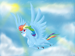 Size: 2828x2121 | Tagged: safe, artist:im-not-sure-yet, rainbow dash, pegasus, pony, g4, cloud, female, flying, high res, mare, smiling, sun, teeth, wind swept mane