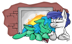 Size: 1904x1184 | Tagged: safe, alternate version, artist:lucas_gaxiola, oc, oc only, pegasus, pony, colored, eyes closed, female, fireplace, glasses, male, mare, oc x oc, pegasus oc, prone, shipping, signature, simple background, sleeping, smiling, snuggling, stallion, straight, unshorn fetlocks, white background, wings