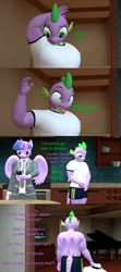 Size: 1920x4320 | Tagged: safe, artist:papadragon69, spike, twilight sparkle, anthro, g4, 3d, clothes, comic, gigachad spike, implied luster dawn, older, older spike, partial nudity, sniffing, source filmmaker, tongue out, topless, undressing