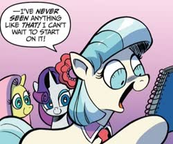 Size: 408x341 | Tagged: safe, artist:andypriceart, idw, official comic, coco pommel, fluttershy, rarity, g4, spoiler:comic, spoiler:comic64, comic panel, hoof hold, mare, pink background, simple background, speech bubble, trio