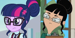 Size: 1153x588 | Tagged: safe, edit, screencap, sci-twi, twilight sparkle, equestria girls, g4, my little pony equestria girls: friendship games, clothes, comparison, crystal prep academy uniform, glasses, phineas and ferb, school uniform, stacy hirano