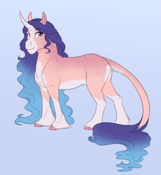 Size: 2305x2503 | Tagged: safe, artist:askbubblelee, oc, oc only, oc:lollipop, pony, unicorn, body freckles, curved horn, digital art, female, freckles, high res, horn, leonine tail, mare, simple background, solo, unicorn oc