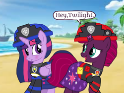 Size: 1440x1080 | Tagged: safe, artist:徐詩珮, fizzlepop berrytwist, tempest shadow, twilight sparkle, alicorn, pony, series:sprglitemplight diary, series:sprglitemplight life jacket days, series:springshadowdrops diary, series:springshadowdrops life jacket days, g4, alternate universe, base used, blushing, chase (paw patrol), clothes, cute, dialogue, female, lesbian, marshall (paw patrol), paw patrol, ship:tempestlight, shipping, twilight sparkle (alicorn), ultimate rescue