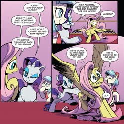 Size: 949x949 | Tagged: safe, artist:andypriceart, idw, official comic, coco pommel, fluttershy, rarity, earth pony, pegasus, pony, unicorn, g4, spoiler:comic, spoiler:comic64, butt touch, comic, comic panel, female, hoof on butt, lip bite, mare, out of context, pushing, rump push, speech bubble, spread wings, trio, wings