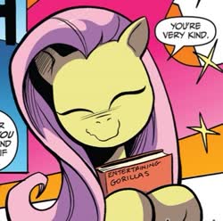Size: 401x397 | Tagged: safe, idw, official comic, fluttershy, pegasus, pony, g4, spoiler:comic, spoiler:comic64, book, cropped, cute, eyes closed, female, mare, shyabetes, solo, speech bubble