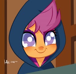 Size: 1737x1692 | Tagged: dead source, safe, artist:alyachan13, artist:justalyachan, scootaloo, pegasus, pony, g4, the show stoppers, bust, cloak, clothes, cute, cutealoo, face paint, female, filly, portrait, scene interpretation, show stopper outfits, smiling, solo, white pupils