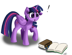 Size: 1300x1000 | Tagged: safe, artist:sadtrooper, twilight sparkle, alicorn, pony, g4, book, exclamation point, female, simple background, solo, that pony sure does love books, twilight sparkle (alicorn), white background