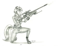 Size: 1400x1064 | Tagged: safe, artist:baron engel, coco pommel, earth pony, anthro, unguligrade anthro, g4, clothes, fallout, fallout 4, female, goggles, grayscale, gun, jumpsuit, mare, monochrome, pencil drawing, rifle, simple background, sniper rifle, story included, traditional art, trigger discipline, weapon, white background
