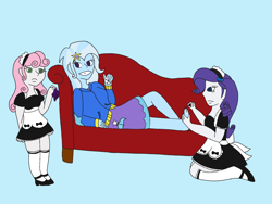Size: 2048x1536 | Tagged: safe, artist:mintymelody, rarity, sweetie belle, trixie, equestria girls, g4, barefoot, clothes, feet, food, grapes, hypnosis, hypnotized, maid, pedicure, swirly eyes