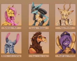 Size: 1024x809 | Tagged: safe, alternate version, artist:paranoyfox, fluttershy, human, lucario, pegasus, pony, anthro, g4, anthro with ponies, beastars, bust, clothes, colored, costume, crossover, female, five nights at freddy's, hat, lilo and stitch, male, mare, mask, melon (beastars), pokémon, purple guy, scar (the lion king), six fanarts, smiling, the lion king