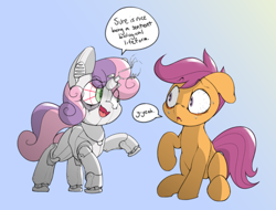 Size: 2100x1600 | Tagged: safe, artist:lyrabop, scootaloo, sweetie belle, pegasus, pony, robot, robot pony, unicorn, g4, cute, cutealoo, dialogue, diasweetes, duo, female, filly, floppy ears, gradient background, looking at each other, open mouth, speech bubble, sweat, sweetie bot, weirded out