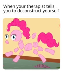Size: 820x942 | Tagged: safe, edit, pinkie pie, earth pony, pony, g4, the one where pinkie pie knows, caption, deconstruct, falling apart, female, frown, image macro, implied therapy, literal minded, mare, meme, meta, modular, open mouth, pinkie pieces, solo, text, wat, wide eyes