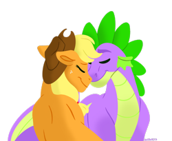 Size: 2232x1834 | Tagged: safe, artist:bella-pink-savage, applejack, spike, dragon, earth pony, pony, g4, boop, cute, eyes closed, female, lineless, male, mare, noseboop, older, older spike, ship:applespike, shipping, simple background, straight, transparent background, winged spike, wings