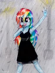 Size: 2185x2914 | Tagged: safe, artist:liaaqila, rainbow dash, equestria girls, armpits, black dress, clothes, commission, commissioner:ajnrules, dress, female, little black dress, microphone, rain, rainbow dash always dresses in style, singing, sleeveless, smiling, solo, traditional art, wet, wet clothes, wet dress