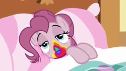 Size: 1280x720 | Tagged: safe, screencap, pinkie pie, earth pony, pony, 28 pranks later, g4, my little pony: friendship is magic, bed, female, in bed, rainbow muzzle, solo