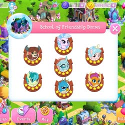 Size: 800x800 | Tagged: safe, gameloft, cozy glow, gallus, ocellus, sandbar, silverstream, smolder, yona, changedling, changeling, classical hippogriff, dragon, earth pony, griffon, hippogriff, pony, yak, g4, bow, collection, dragoness, female, filly, friendship school, game screencap, gem, hair bow, jewelry, male, monkey swings, one of these things is not like the others, student six, teenager