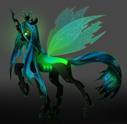 Size: 900x873 | Tagged: safe, artist:missaka, artist:ocean-blue12, queen chrysalis, changeling, changeling queen, g4, black background, crown, female, glowing, jewelry, looking at you, pixiv, profile, raised hoof, regalia, simple background, solo, spread wings, wings