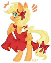 Size: 1063x1318 | Tagged: safe, artist:xenosaga428, applejack, earth pony, pony, g4, applejack also dresses in style, bipedal, blushing, bow, butt, clothes, cute, dress, female, jackabetes, looking at you, mare, nose wrinkle, pixiv, plot, profile, scrunchy face, simple background, solo, tail bow, white background