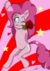 Size: 1735x2440 | Tagged: safe, artist:otakon, pinkie pie, earth pony, semi-anthro, comic:meeting pinkie, g4, arm hooves, comic, commission, female, flower, rose, textless