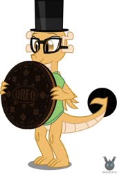 Size: 797x1179 | Tagged: safe, artist:wheatley r.h., derpibooru exclusive, oc, oc only, oc:myoozik the dragon, dragon, brown eyes, chocolate, clothes, cookie, dragon oc, folded wings, food, giant cookie, glasses, happy, hat, holding, male, oreo, raised tail, shirt, simple background, solo, standing, tail, top hat, vector, watermark, white background, wings