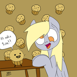 Size: 1024x1024 | Tagged: safe, artist:artponie, derpy hooves, pegasus, pony, g4, 2015, asdfmovie, cute, female, food, implied suicide attempt, it's muffin time, mare, mr. muffin, muffin