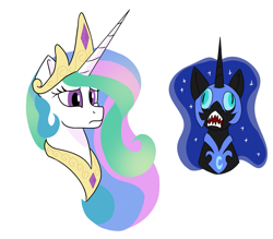 Size: 1449x1267 | Tagged: safe, artist:iron curtain, nightmare moon, princess celestia, alicorn, pony, g4, concerned, derp, duo, faic, female, mare, simple background, white background