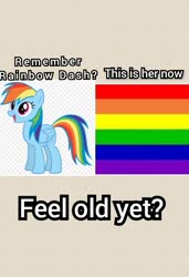 Size: 720x1050 | Tagged: safe, rainbow dash, pegasus, pony, g4, feel old yet?, female, lgbt, lgbt flag, mare, meme, rainbow, solo, text