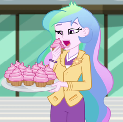 Size: 1062x1052 | Tagged: safe, screencap, princess celestia, principal celestia, equestria girls, equestria girls series, g4, holidays unwrapped, winter break-in, spoiler:eqg series (season 2), blazer, bracelet, brooch, cake, cakelestia, canterlot high, cropped, cupcake, cutie mark accessory, cutie mark brooch, eating, female, food, frosting, imagine spot, jewelry, majestic as fuck, open mouth, pistachio cream cupcake, plate, solo, this will end in diabetes, this will end in weight gain