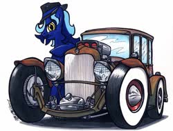 Size: 1024x777 | Tagged: safe, artist:sketchywolf-13, oc, oc only, earth pony, pony, car, ford, ford model a, hat, hot rod, looking at you, male, simple background, solo, stallion, traditional art, white background, white walls